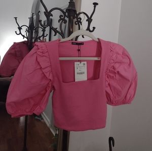 NWT ZARA Pink Puff Sleeve Crop Top Small